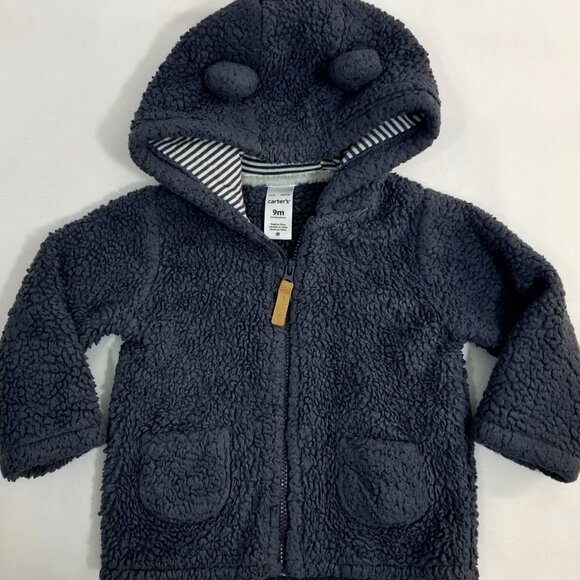 Carters Baby Boys Blue Fluffy Hooded Jacket 9M With Zipper & Pockets - Picture 1 of 8